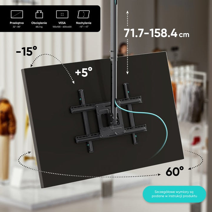 ONKRON Таванна стойка за телевизор 32"-80" макс. 68 кг, накланяща се и въртяща се, черна