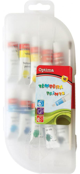 Темперни боички Optima - 10 цвята, с четка, в кутия
