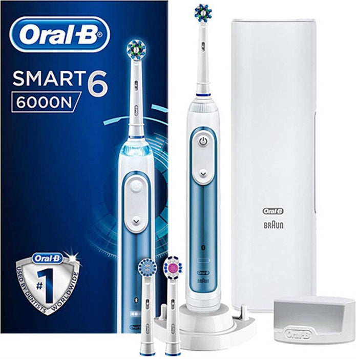Електрическа четка за зъби Oral-B - Smart 6 6000N, 3 накрайника, бяла/синя