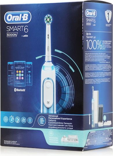Електрическа четка за зъби Oral-B - Smart 6 6000N, 3 накрайника, бяла/синя