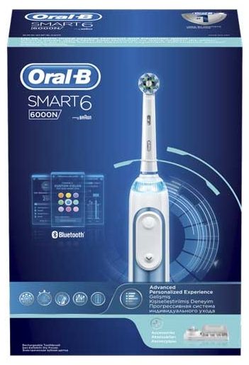 Електрическа четка за зъби Oral-B - Smart 6 6000N, 3 накрайника, бяла/синя