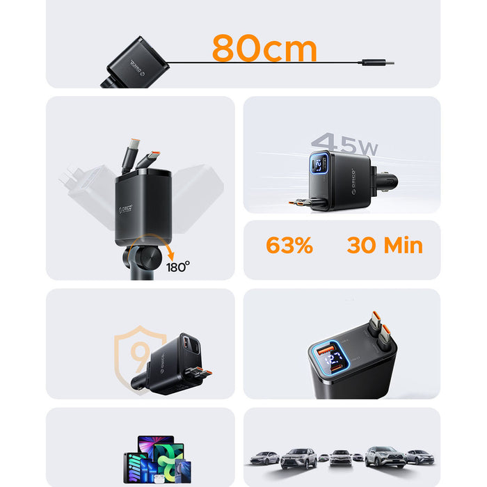 ORICO Twin Reach 45W 1A3C Двойно прибиращо се зарядно за кола