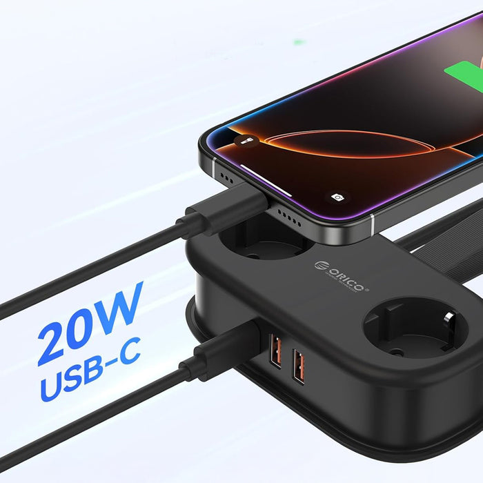 Orico APP 15.5W 5в1 Разклонител 2x AC + 2x USB-A + 1x USB-C - Черен