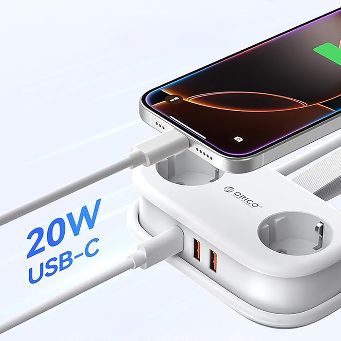 Orico APP 15.5W 5в1 Разклонител 2x AC + 2x USB-A + 1x USB-C - Бял