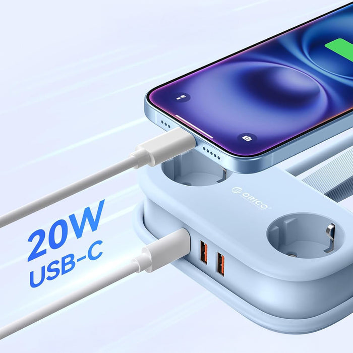 Orico AP3 20W GaN 5в1 разклонител 2x AC + 2x USB-A + 1x USB-C - син