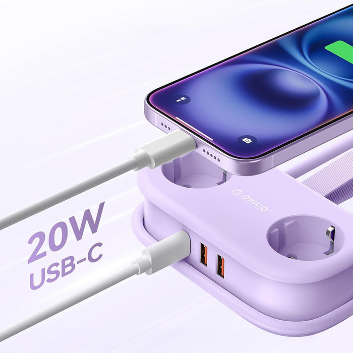 Orico AP3 20W GaN 5в1 разклонител 2x AC + 2x USB-A + 1x USB-C - лилав