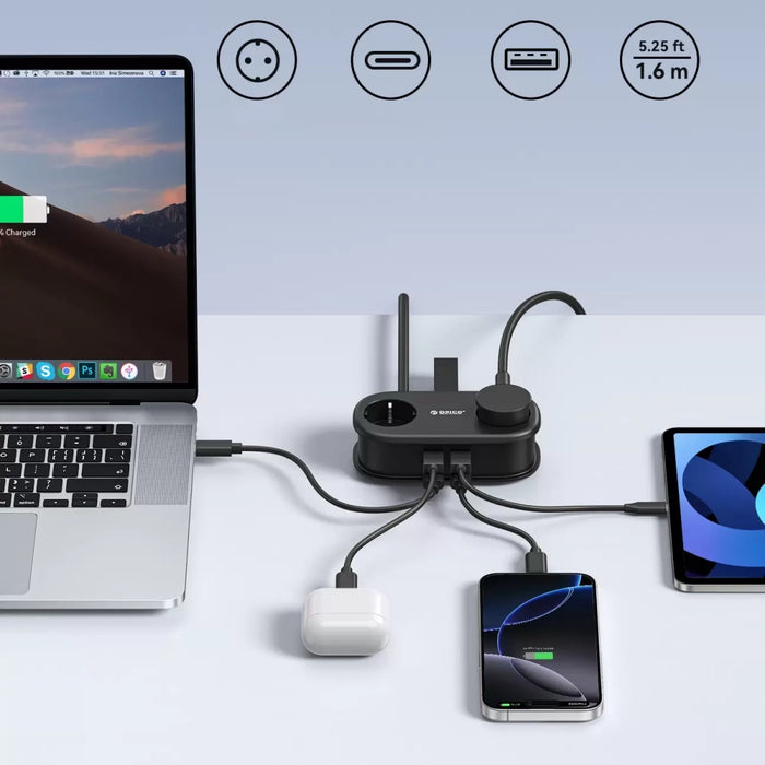 Orico AP3 20W GaN 5в1 Разклонител 2x AC + 2x USB-A + 1x USB-C - Черен