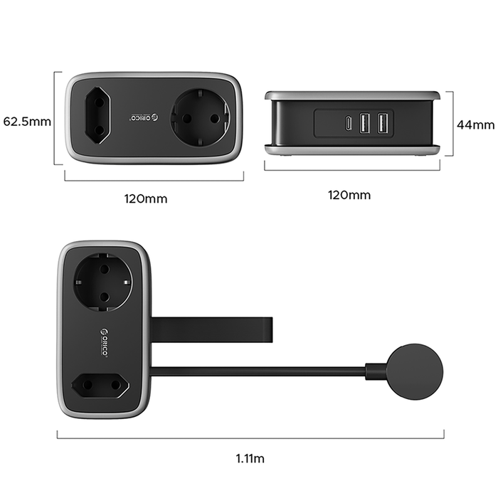 Orico AP3 65W GaN 6в1 разклонител 2x AC + 2x USB-A + 2x USB-C - черен
