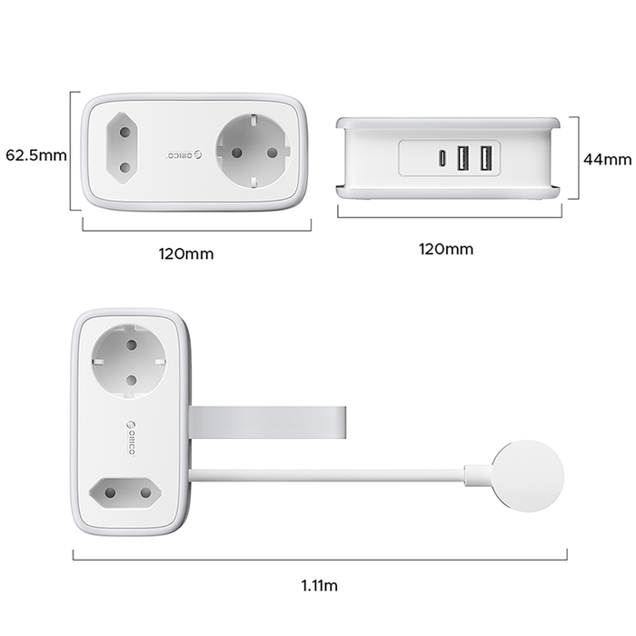 Orico AP3 65W GaN 6в1 разклонител 2x AC + 2x USB-A + 2x USB-C - бял