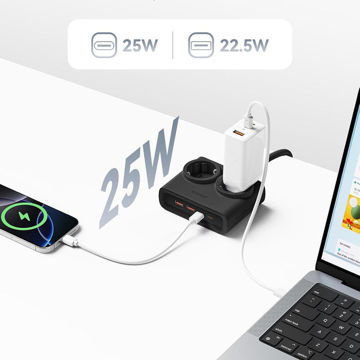 Orico PDC25 25W 6в1 Разклонител 2x AC + 2x USB-A + 2x USB-C - Черен