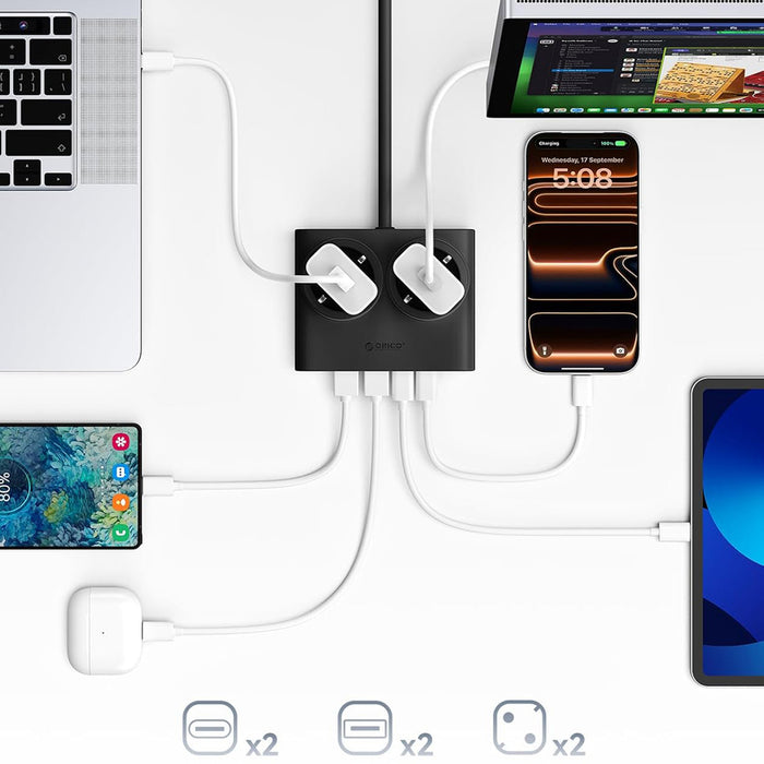 Orico PDC25 25W 6в1 Разклонител 2x AC + 2x USB-A + 2x USB-C - Черен