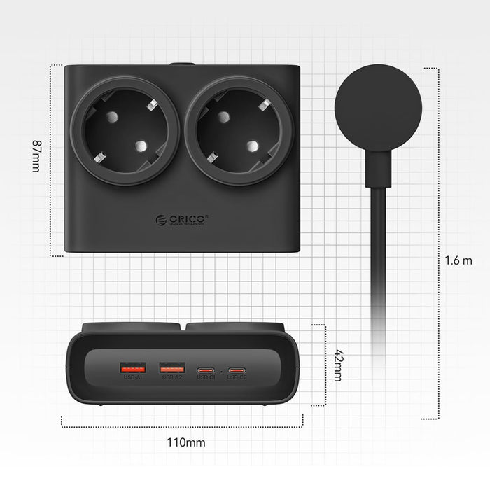 Orico PDC25 25W 6в1 Разклонител 2x AC + 2x USB-A + 2x USB-C - Черен