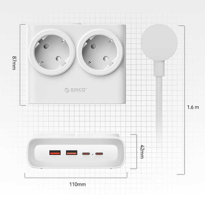 Orico PDC25 25W 6в1 Разклонител 2x AC + 2x USB-A + 2x USB-C - Бял