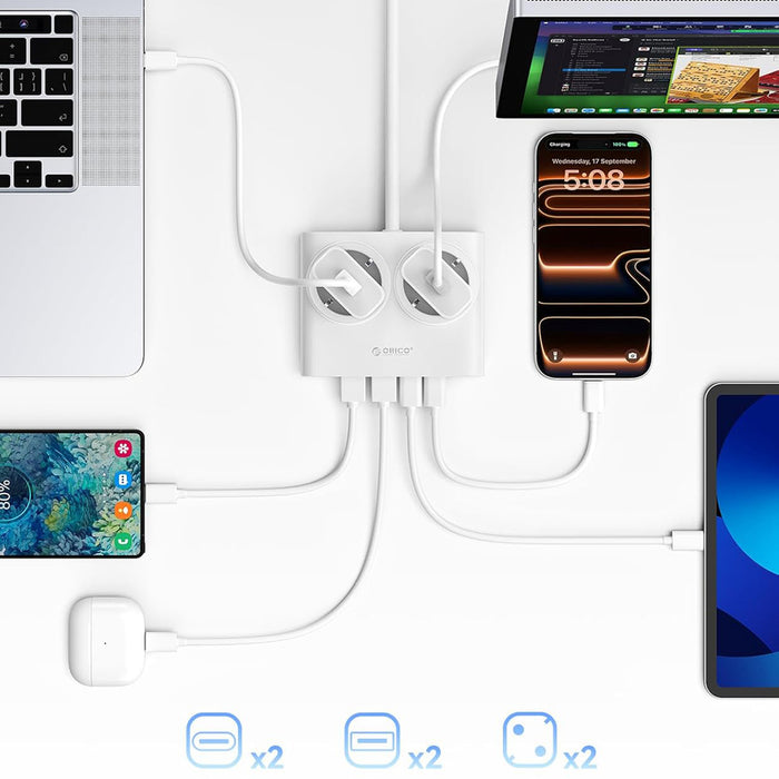 Orico PDC25 25W 6в1 Разклонител 2x AC + 2x USB-A + 2x USB-C - Бял