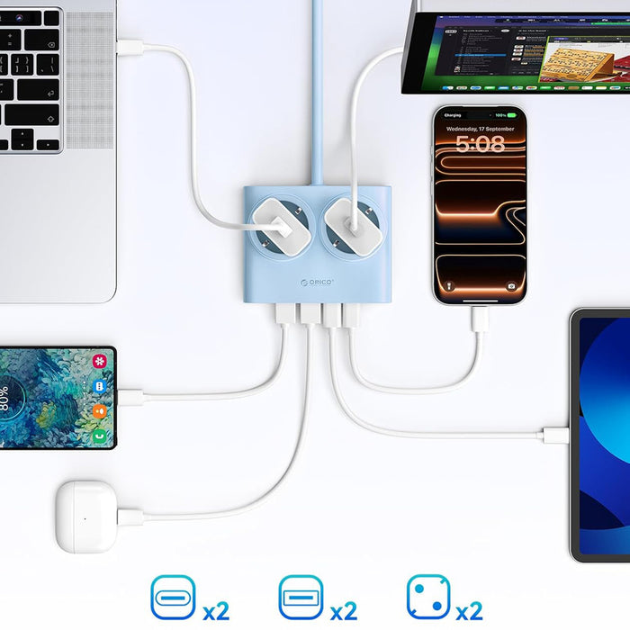 Orico PDC25 25W 6в1 Разклонител 2x AC + 2x USB-A + 2x USB-C - Син