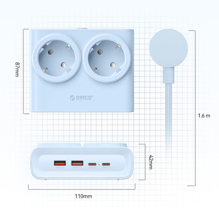 Orico PDC25 25W 6в1 Разклонител 2x AC + 2x USB-A + 2x USB-C - Син
