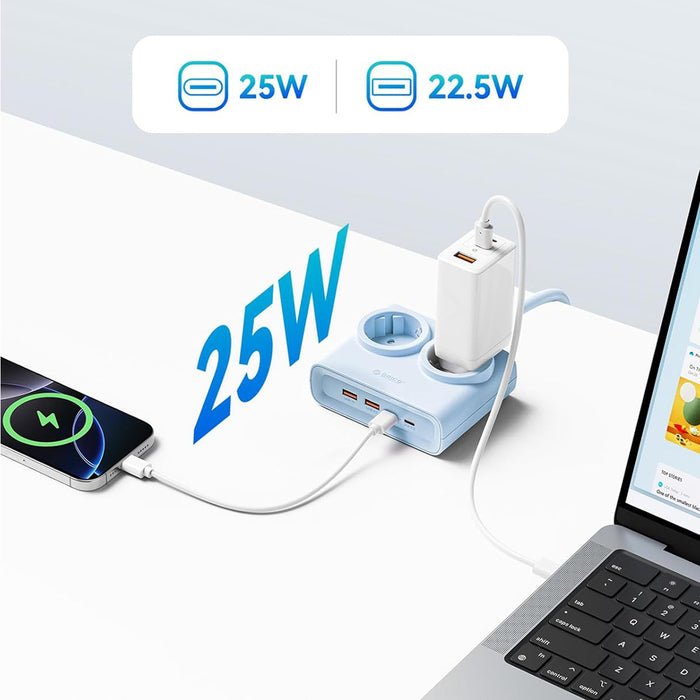Orico PDC25 25W 6в1 Разклонител 2x AC + 2x USB-A + 2x USB-C - Син