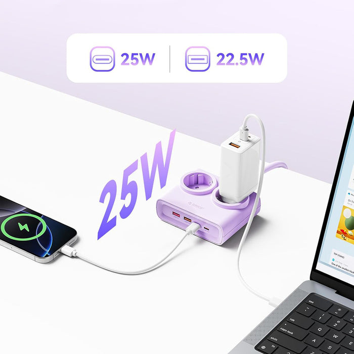 Orico PDC25 25W 6в1 Разклонител 2x AC + 2x USB-A + 2x USB-C - Лилав
