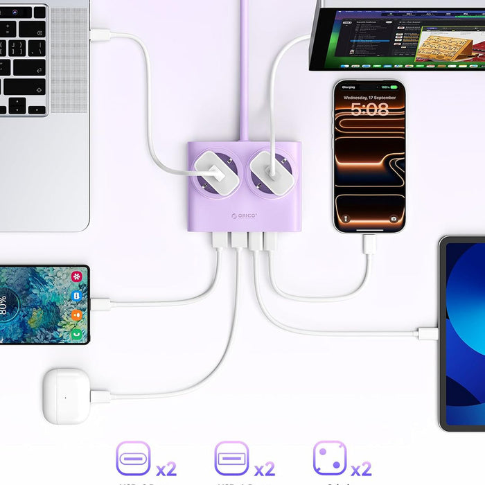 Orico PDC25 25W 6в1 Разклонител 2x AC + 2x USB-A + 2x USB-C - Лилав