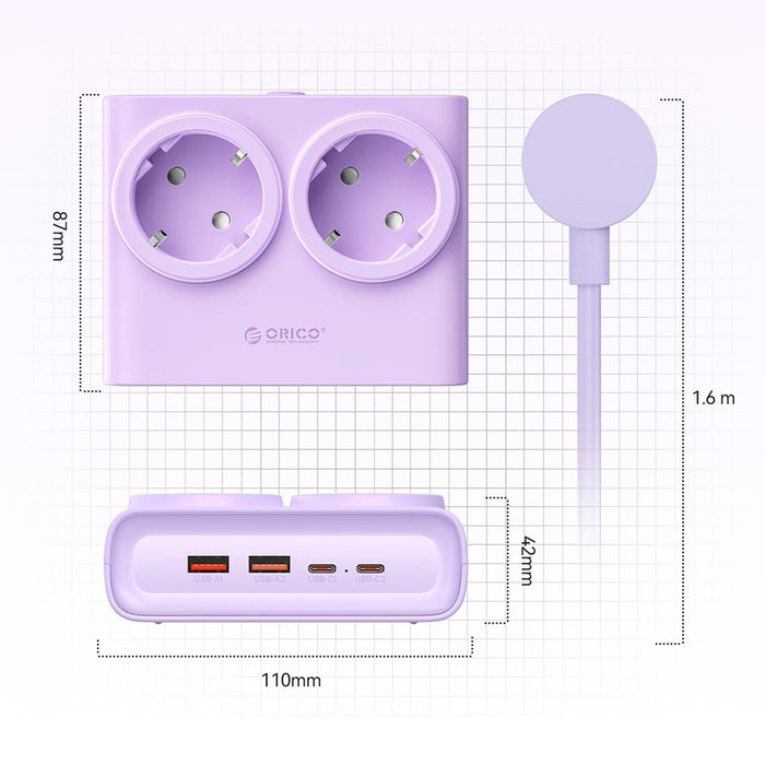 Orico PDC25 25W 6в1 Разклонител 2x AC + 2x USB-A + 2x USB-C - Лилав