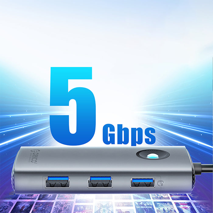 Orico PW11-5P USB-C хъб докинг станция 1x USB-A 3.0 + 2x USB-A 2.0 + 1x USB-C PD + 1x HDMI - сив