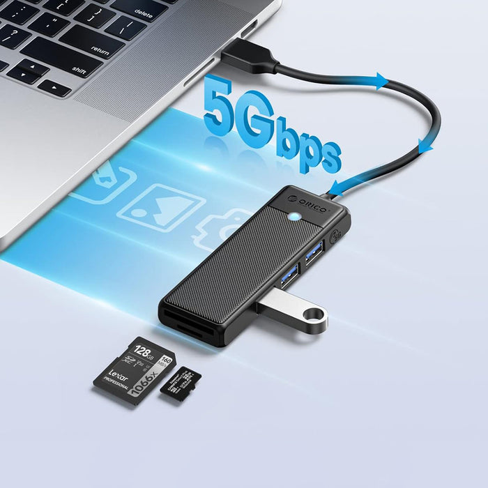 Orico PAPW3AT-U3 USB хъб 4-портов 3x USB-A 3.0 с четец за microSD/SD карти 1 м - черен