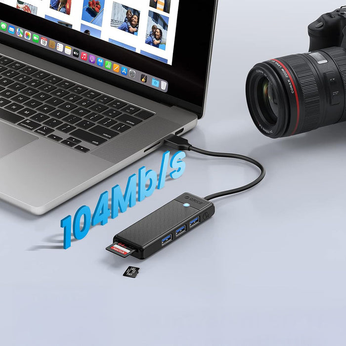 Orico PAPW3AT-U3 USB хъб 4-портов 3x USB-A 3.0 с четец за microSD/SD карти 1 м - черен