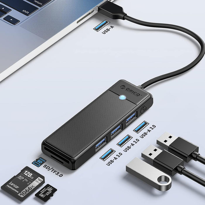 Orico PAPW3AT-U3 USB хъб 4-портов 3x USB-A 3.0 с четец за microSD/SD карти 1 м - черен