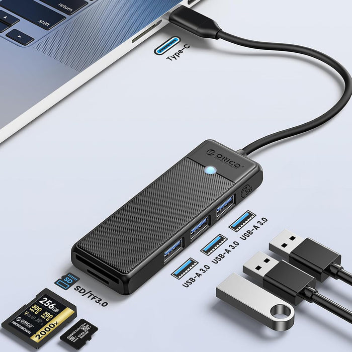 Orico PAPW3AT-U3 USB хъб 4-портов 3x USB-A 3.0 с четец за microSD/SD карти 1.8 м - черен