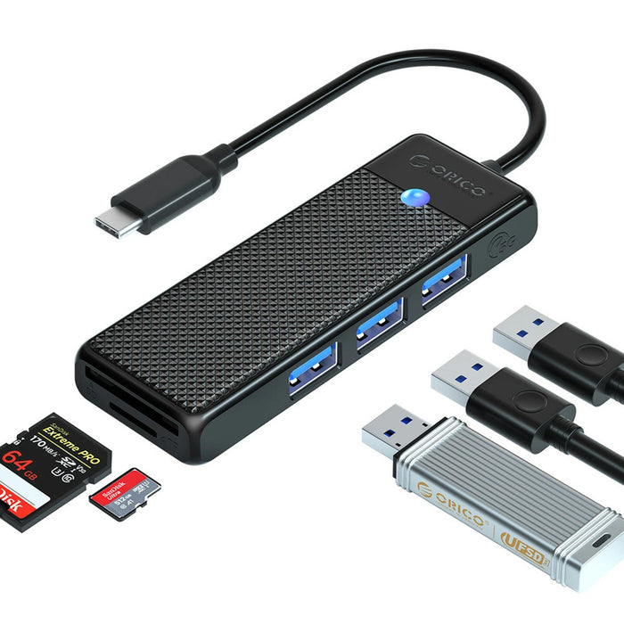 Orico PAPW3AT-C3 USB хъб 4-портов 3x USB-A 3.0 с четец за microSD/SD карти 1 м - черен