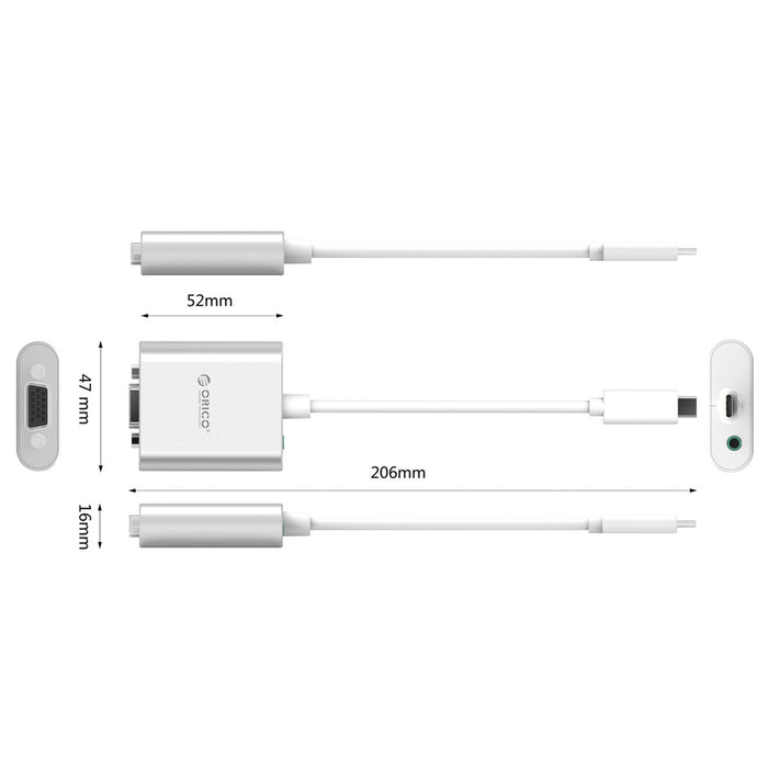 Orico PTAV USB-C - VGA адаптер и 3.5 мм Full HD мини жак 0.15 м - сребрист