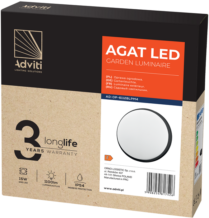 LED плафон Orno - Agat, IP54, 15w, 230v, 4000k, OR-OP-6112BLPM4, черен