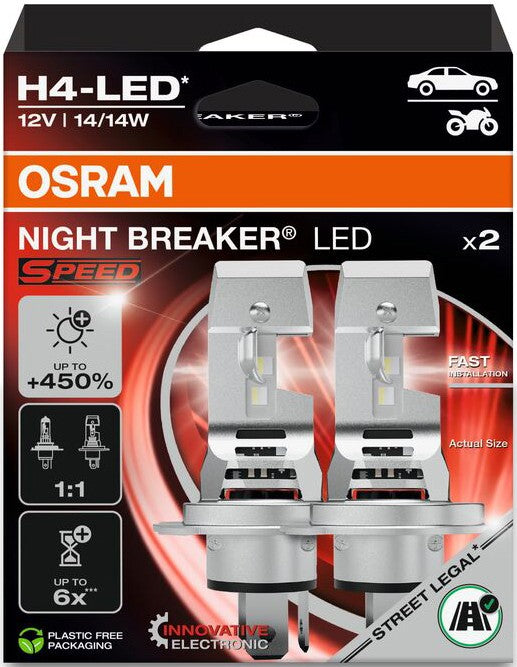 OSRAM H4 NIGHT BREAKER LED SPEED +450% 6000K 14W 12V HANGING FOLDING BOX X2 PCS