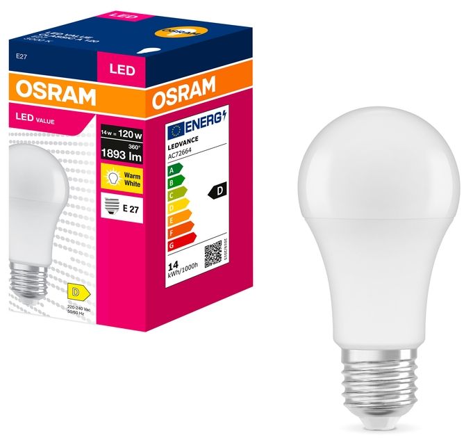 LED крушка Osram - LED Value, A120, 14W, E27, 3000K, 1893 lm