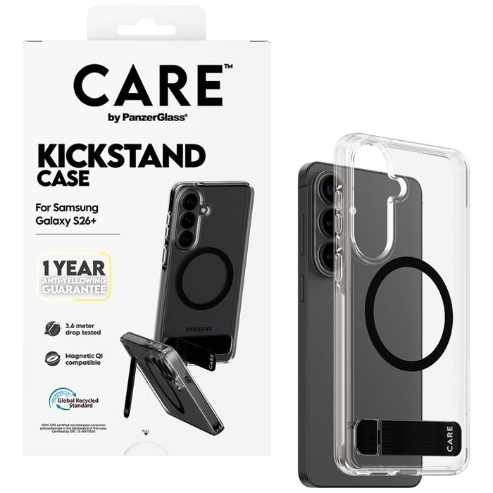 Калъф CARE by PanzerGlass с черна стойка и QI за Samsung Galaxy S26+ - прозрачен