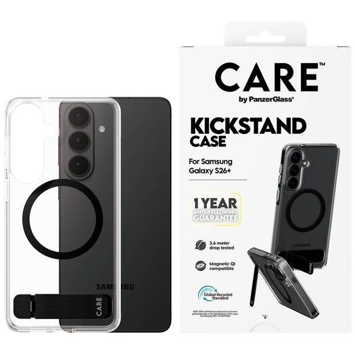 Калъф CARE by PanzerGlass с черна стойка и QI за Samsung Galaxy S26+ - прозрачен