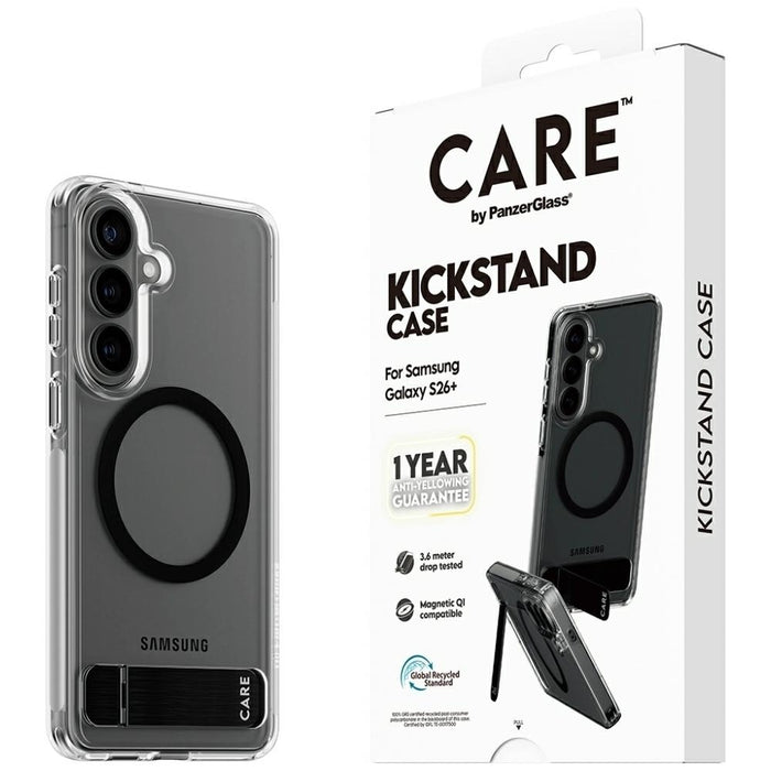 Калъф CARE by PanzerGlass с черна стойка и QI за Samsung Galaxy S26+ - прозрачен