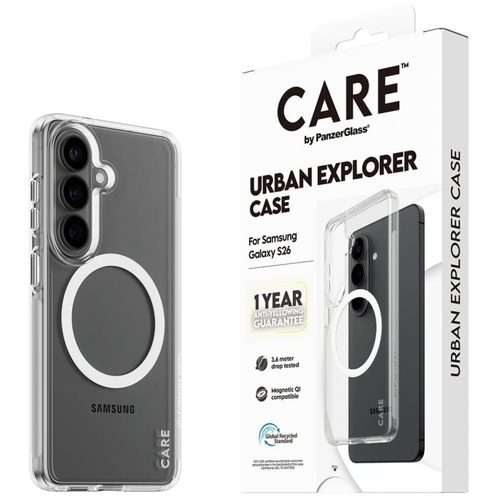 Прозрачен калъф CARE by PanzerGlass Urban Explorer с бял Qi цвят за Samsung Galaxy S26 - прозрачен