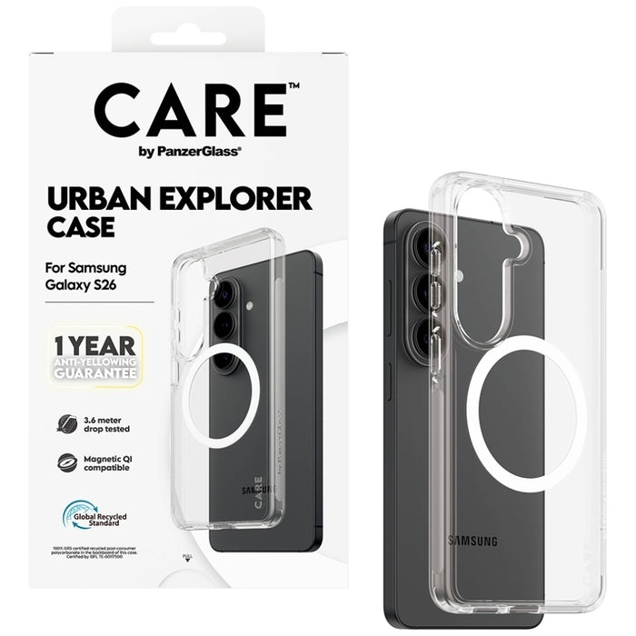Прозрачен калъф CARE by PanzerGlass Urban Explorer с бял Qi цвят за Samsung Galaxy S26 - прозрачен
