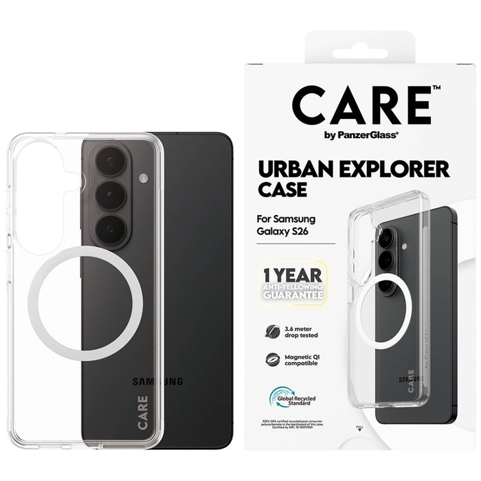 Прозрачен калъф CARE by PanzerGlass Urban Explorer с бял Qi цвят за Samsung Galaxy S26 - прозрачен