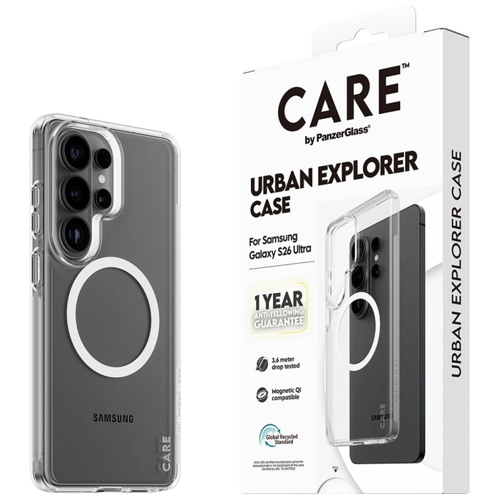 Прозрачен калъф CARE by PanzerGlass Urban Explorer с бял Qi цвят за Samsung Galaxy S26 Ultra - прозрачен