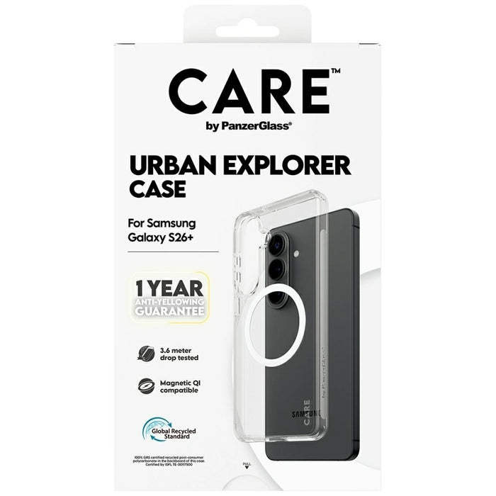 Прозрачен калъф CARE by PanzerGlass Urban Explorer с бял Qi цвят за Samsung Galaxy S26+ - прозрачен