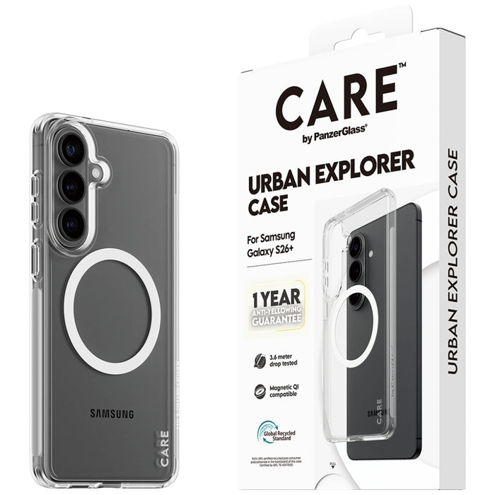 Прозрачен калъф CARE by PanzerGlass Urban Explorer с бял Qi цвят за Samsung Galaxy S26+ - прозрачен