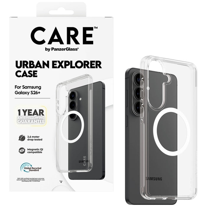 Прозрачен калъф CARE by PanzerGlass Urban Explorer с бял Qi цвят за Samsung Galaxy S26+ - прозрачен
