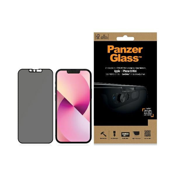 PanzerGlass E2E Microfracture закалено стъкло за iPhone 13 Mini, съвместимо с CamSlider, за поверителност и антибактериално покритие - черно