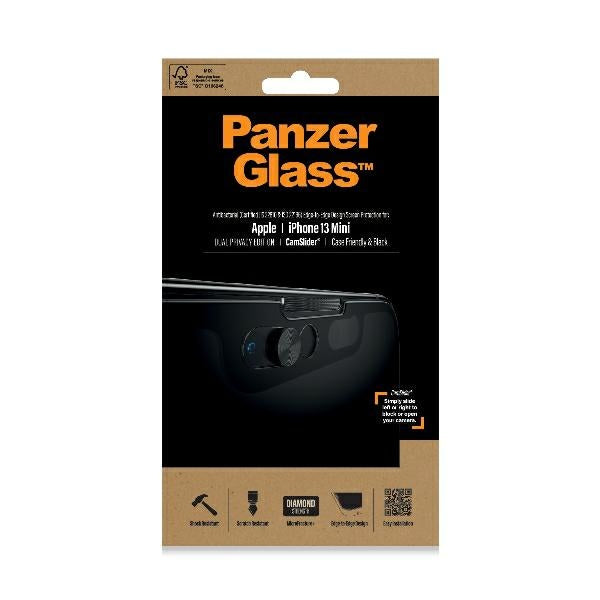 PanzerGlass E2E Microfracture закалено стъкло за iPhone 13 Mini, съвместимо с CamSlider, за поверителност и антибактериално покритие - черно