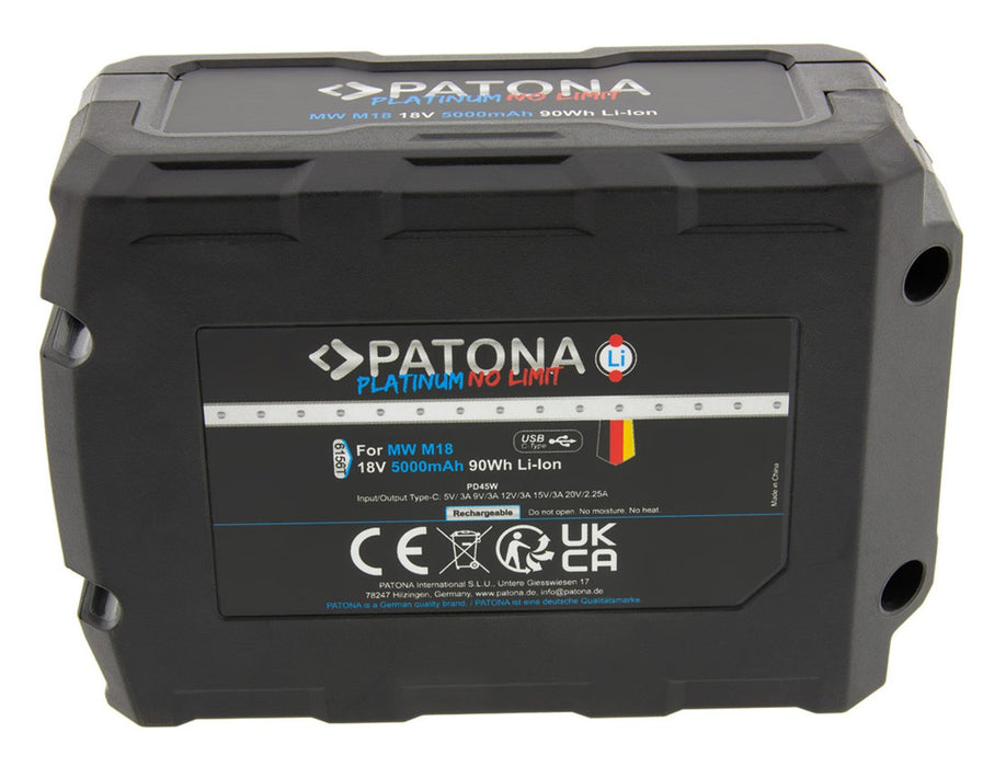 PATONA Platinum 18V батерия за Milwaukee M18 с USB-C порт PD45W Черен