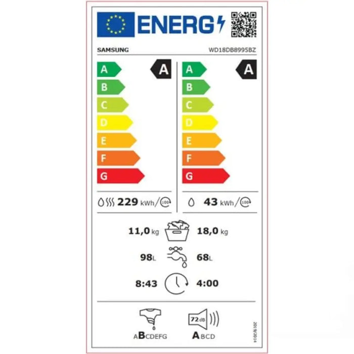 Пералня със сушилня SAMSUNG WD18DB8995BZT2 18/11 кг All in