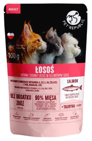 PET REPUBLIC За възрастни котки със ситно нарязана сьомга - мокра храна - 100 г