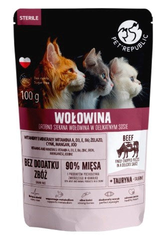 PET REPUBLIC Стерилна говежда храна, ситно нарязана - мокра храна за котки - 100 г